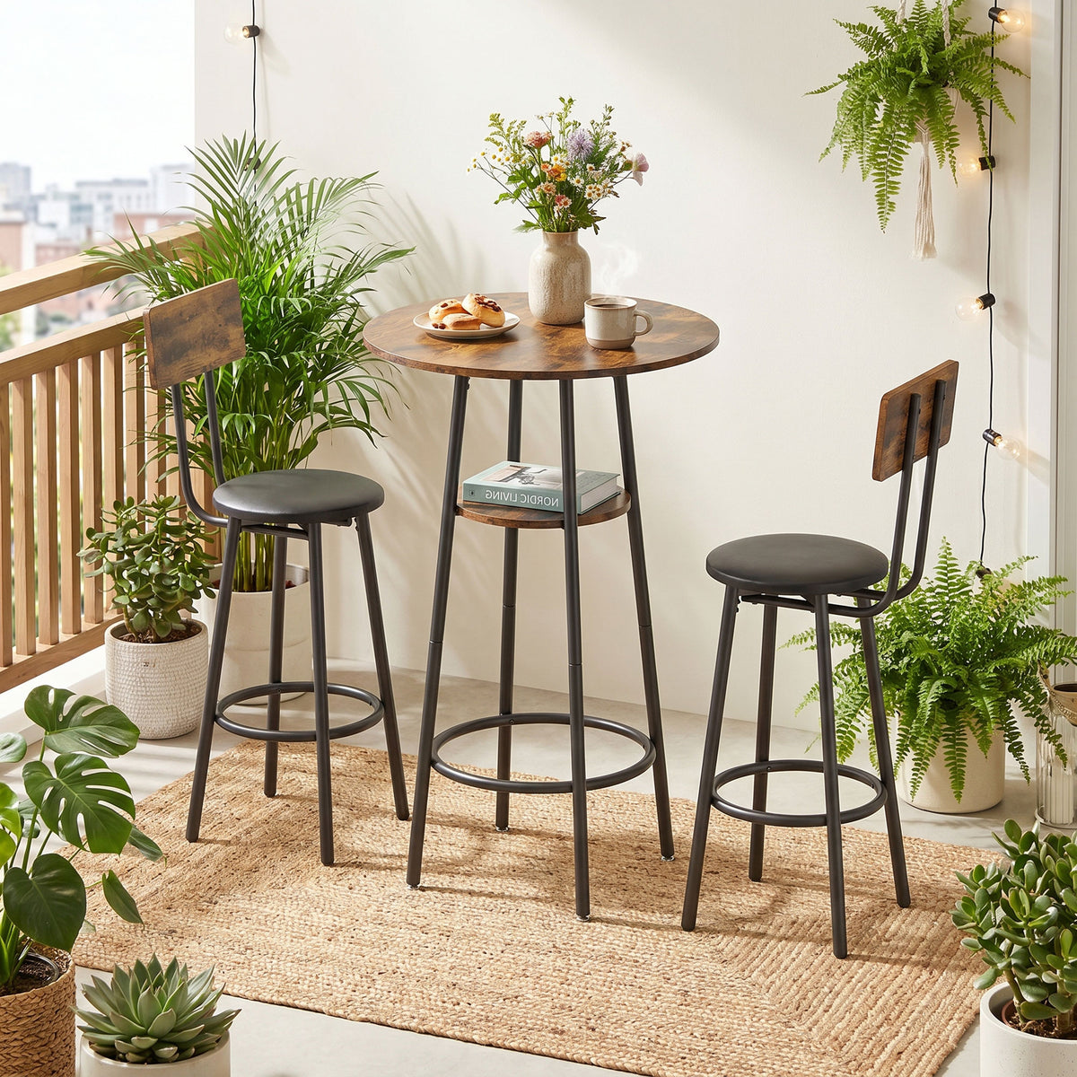Bartisch-Set mit zwei gepolsterten Hockern