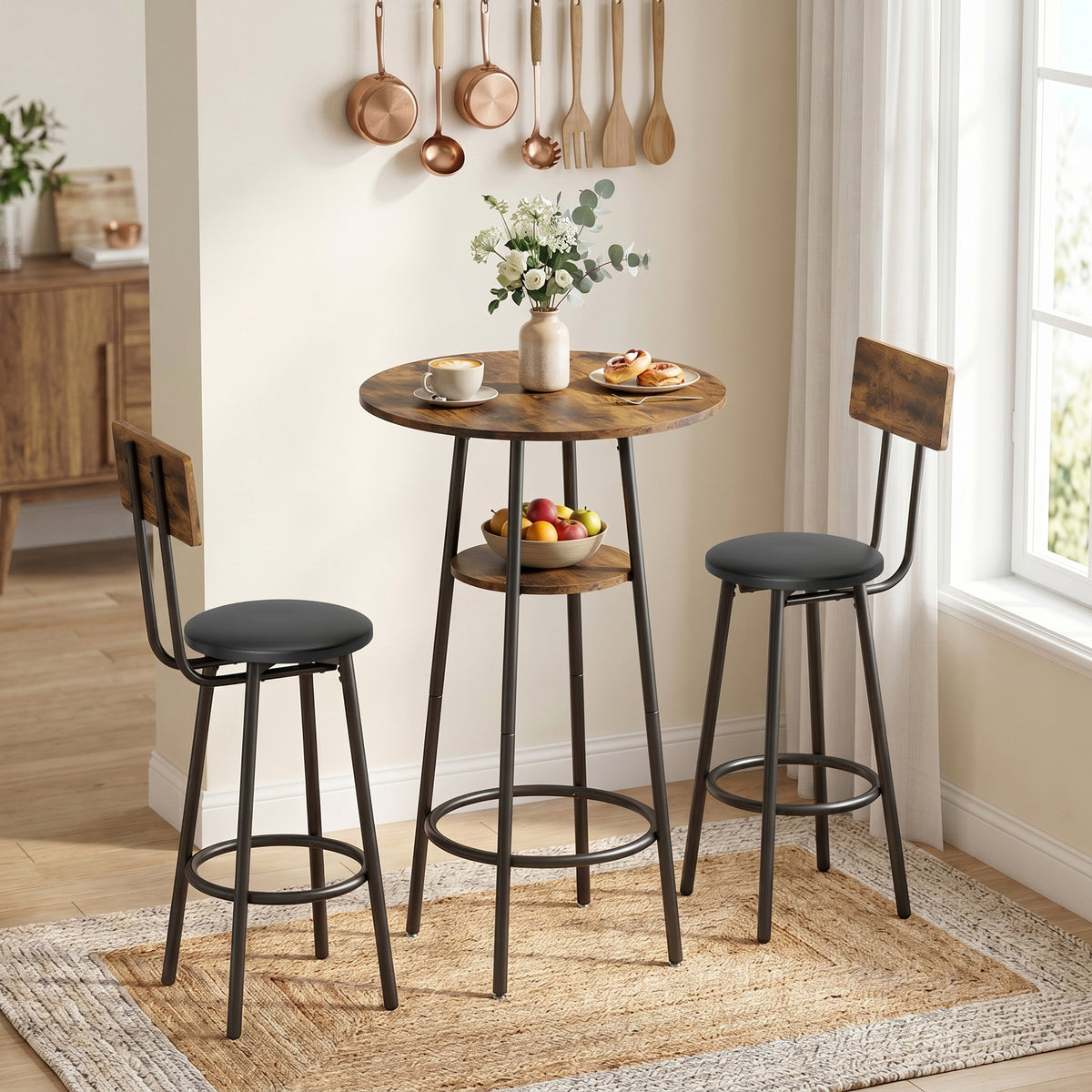 Bartisch-Set mit zwei gepolsterten Hockern