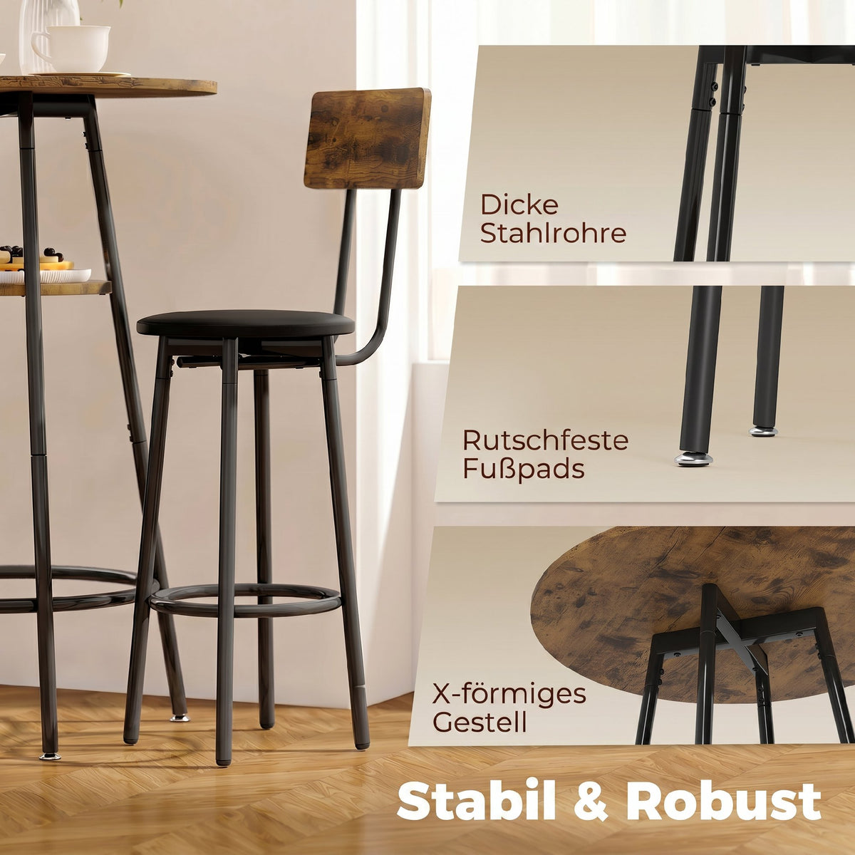Bartisch-Set mit zwei gepolsterten Hockern