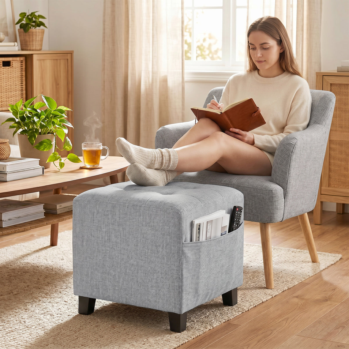 Fußhocker mit Seitentasche und Leinenoptik