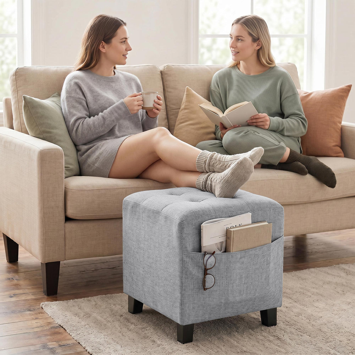 Fußhocker mit Seitentasche und Leinenoptik