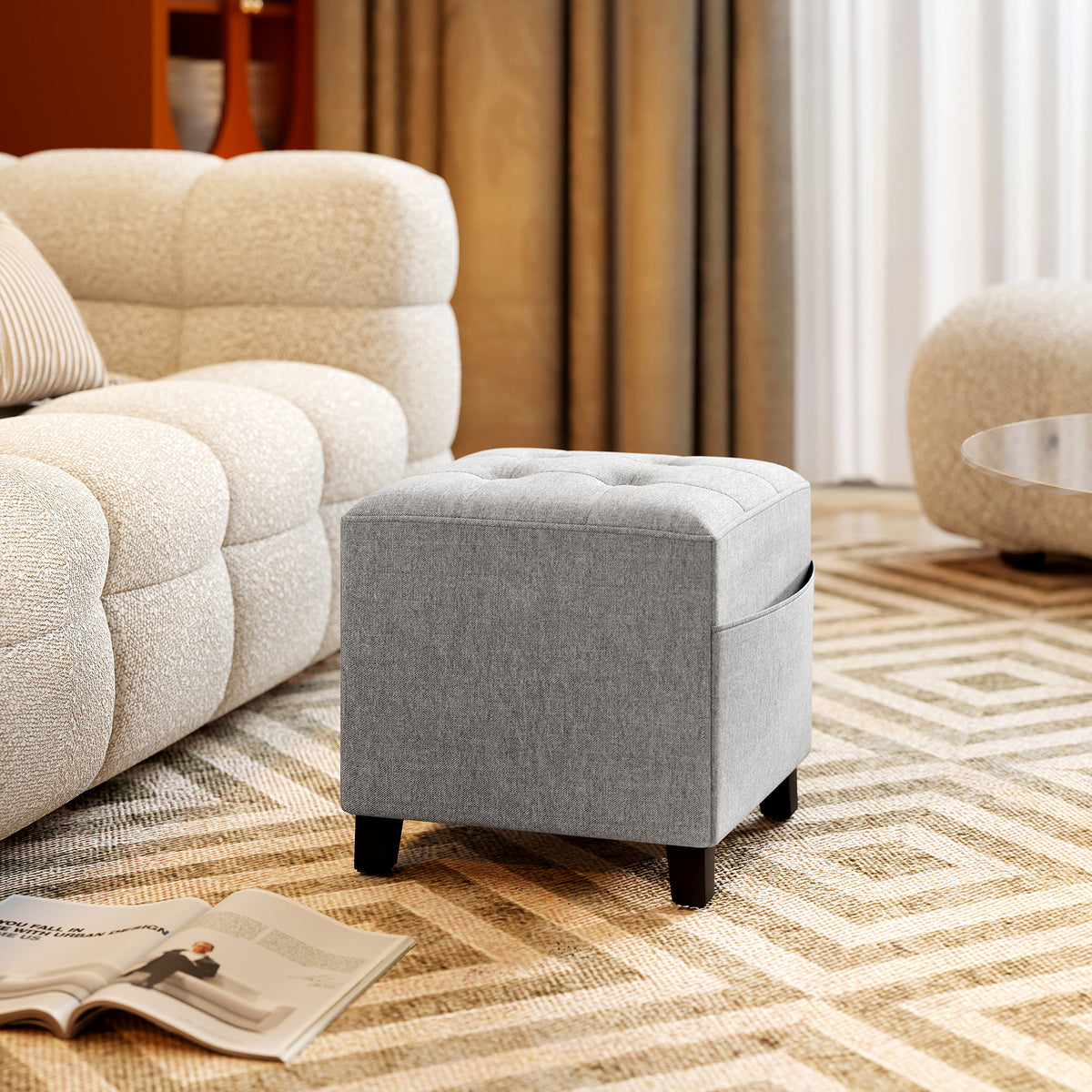 Fußhocker mit Seitentasche und Leinenoptik