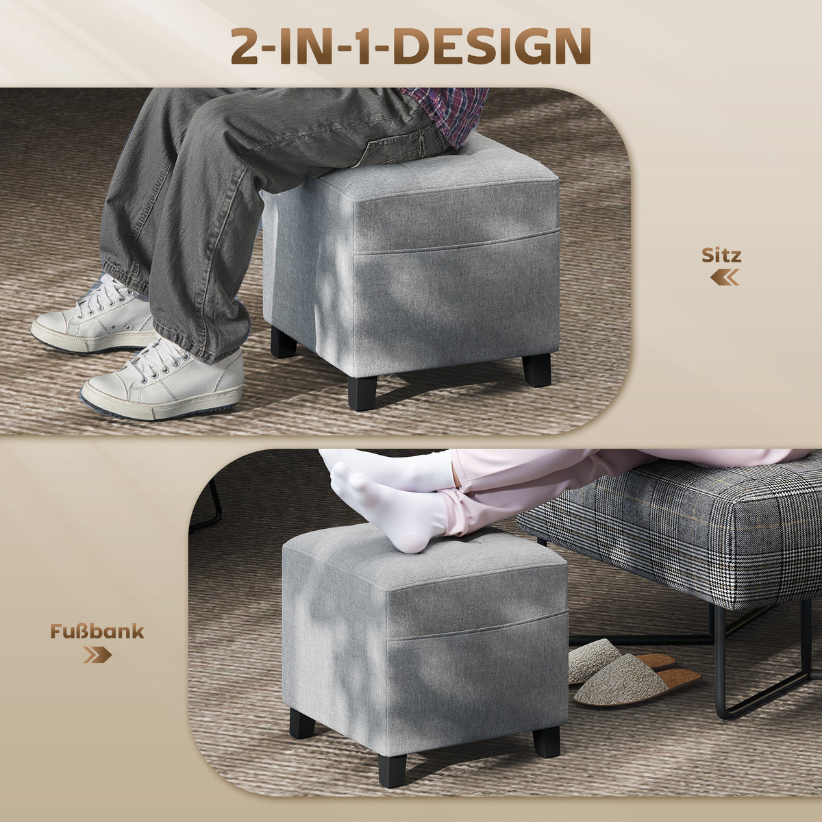 Fußhocker mit Seitentasche und Leinenoptik