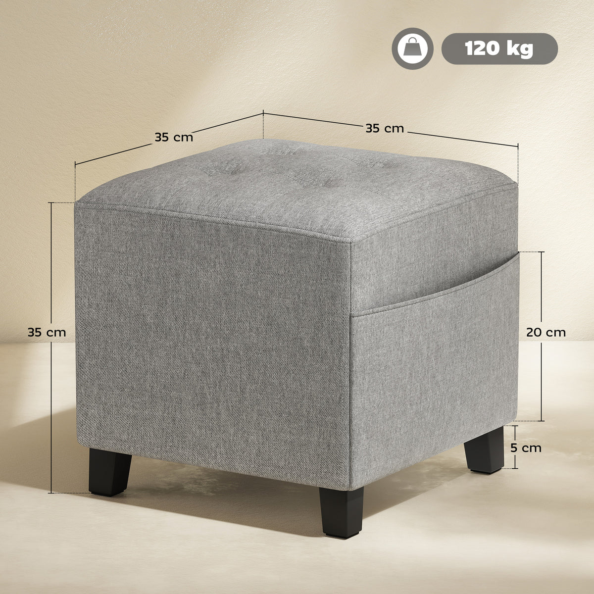 Fußhocker mit Seitentasche und Leinenoptik
