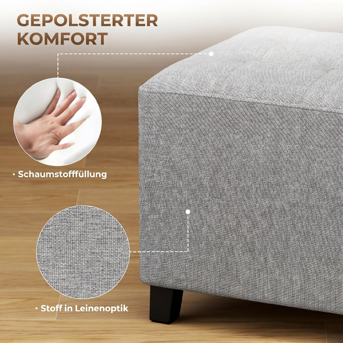 Fußhocker mit Seitentasche und Leinenoptik