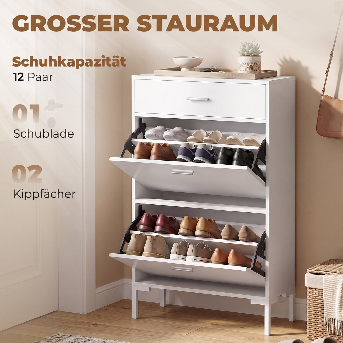 Schuhschrank mit zwei Klapptüren und Schublade
