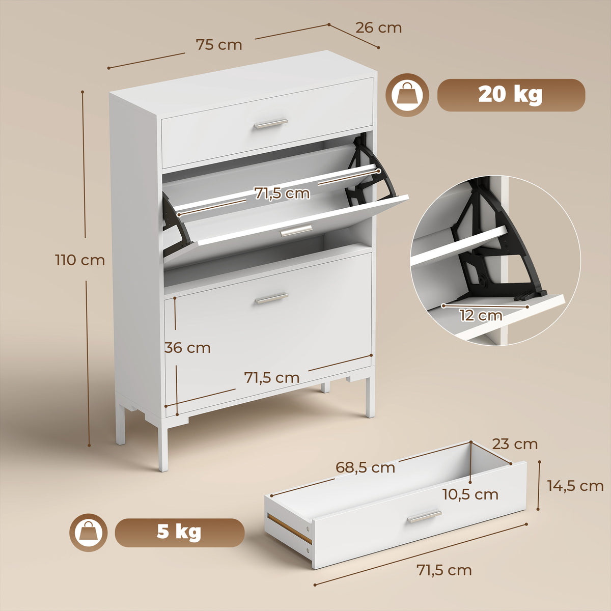 Schuhschrank mit zwei Klapptüren und Schublade