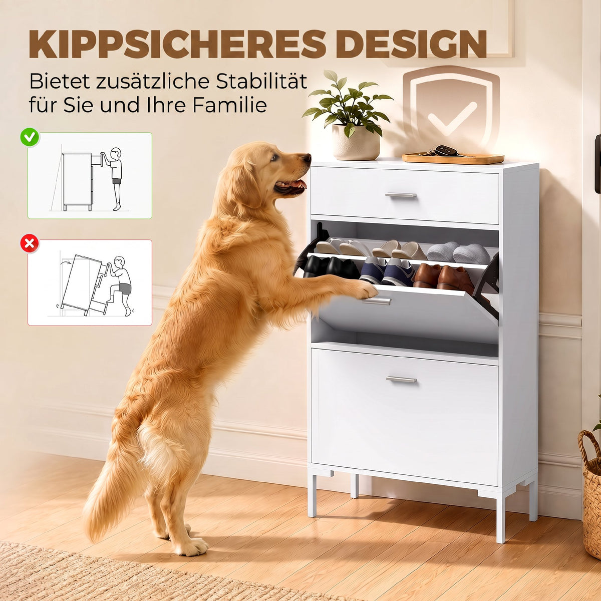 Schuhschrank mit zwei Klapptüren und Schublade