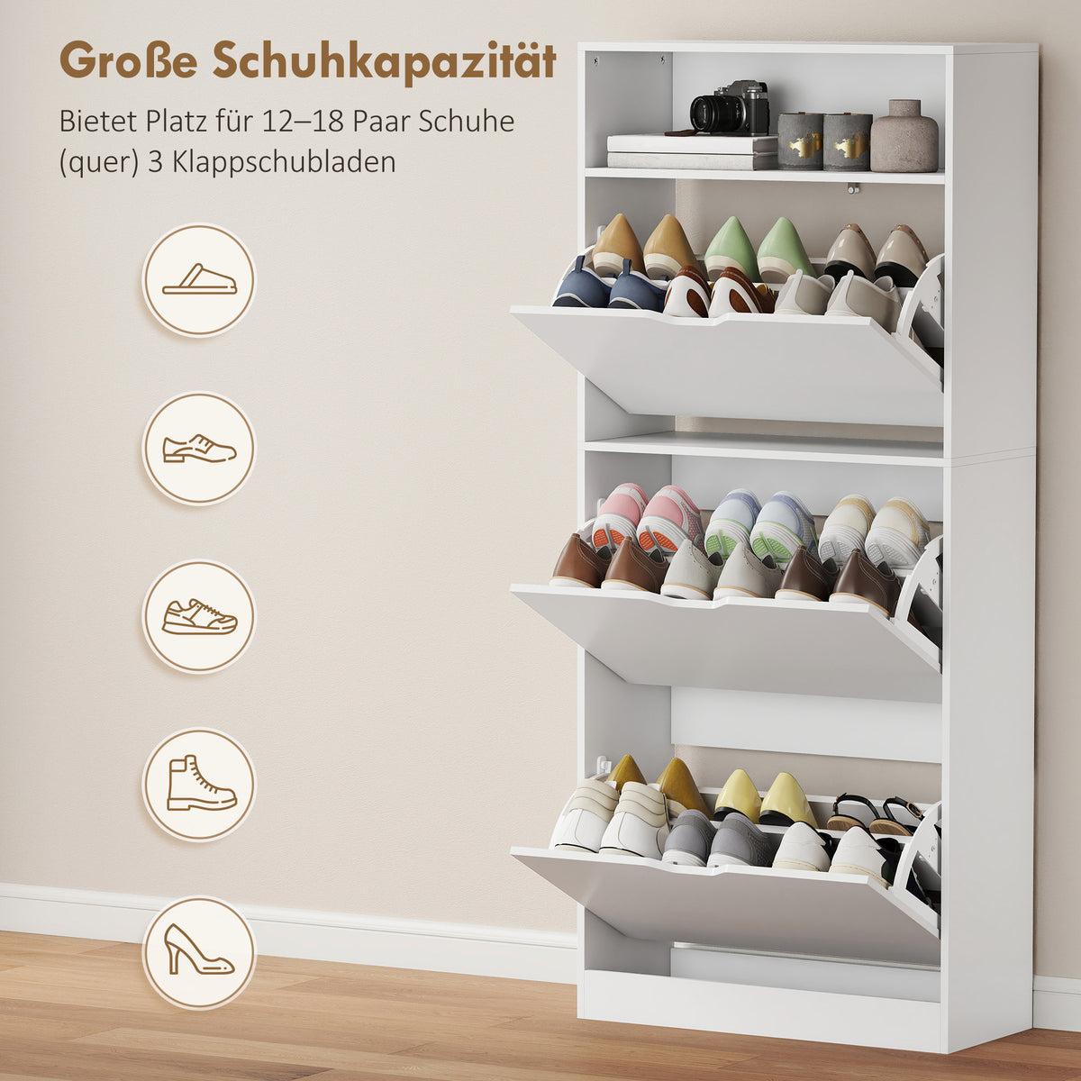 Schuhschrank mit 3 Klappfächern und offenem Fach