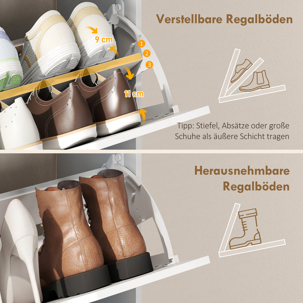 Schuhschrank mit 3 Klappfächern und offenem Fach