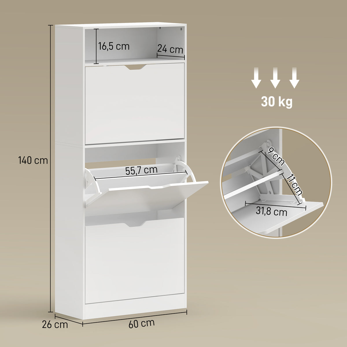 Schuhschrank mit 3 Klappfächern und offenem Fach