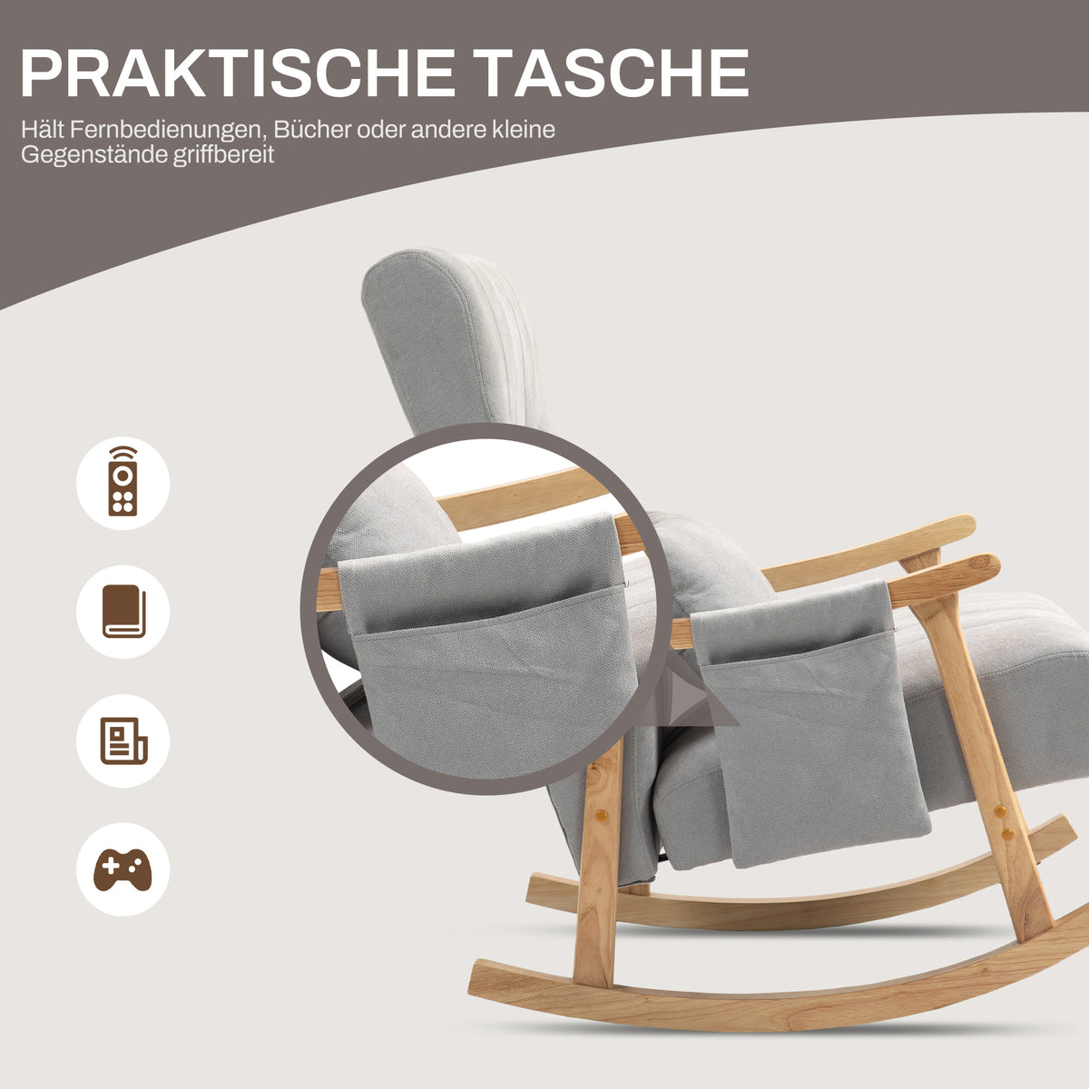 Schaukelstuhl mit Nierenkissen und Seitentasche