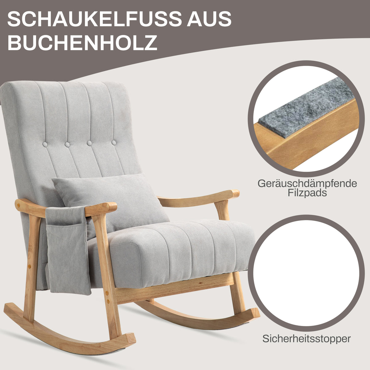 Schaukelstuhl mit Nierenkissen und Seitentasche
