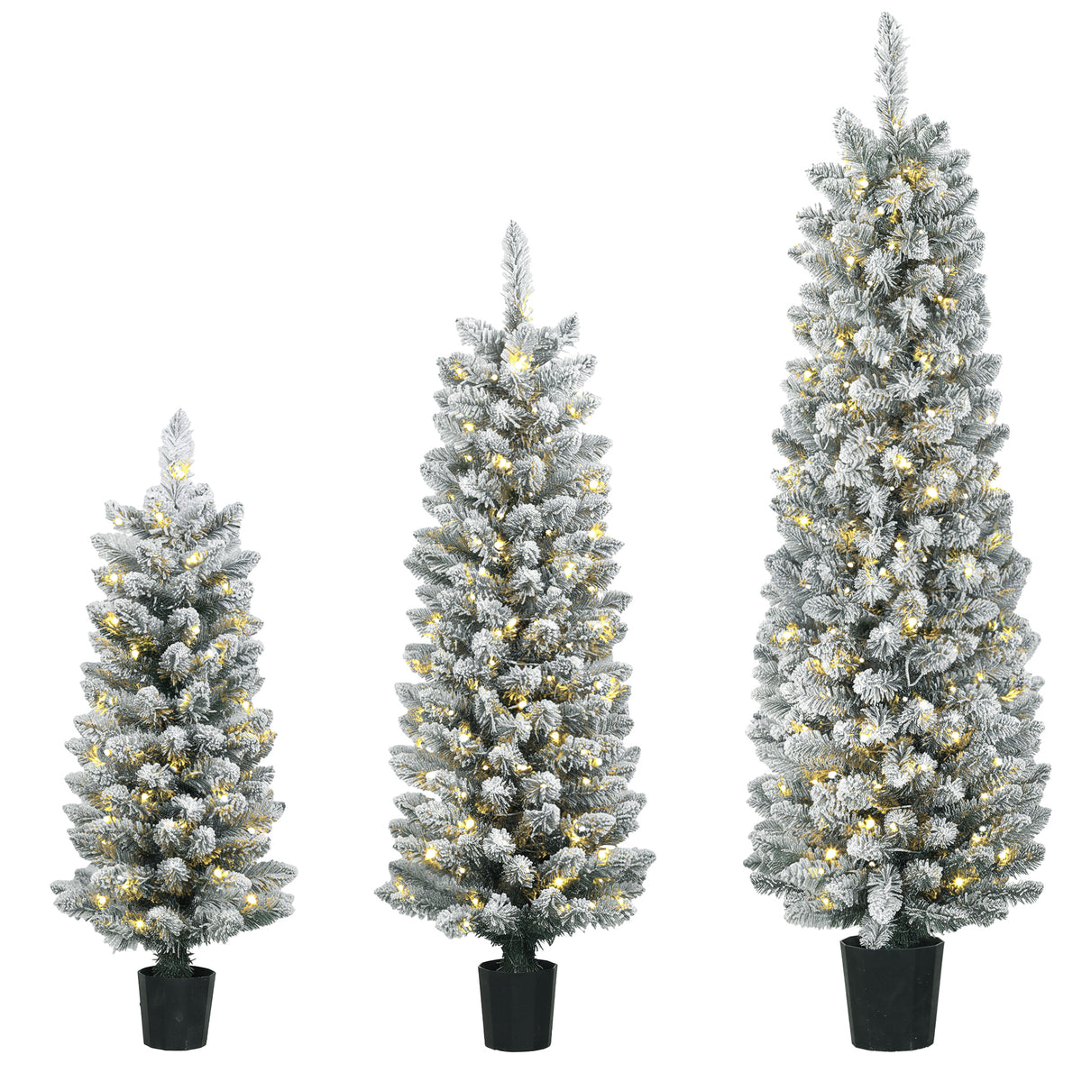3er-Set schneebeflockte LED-Weihnachtsbäume