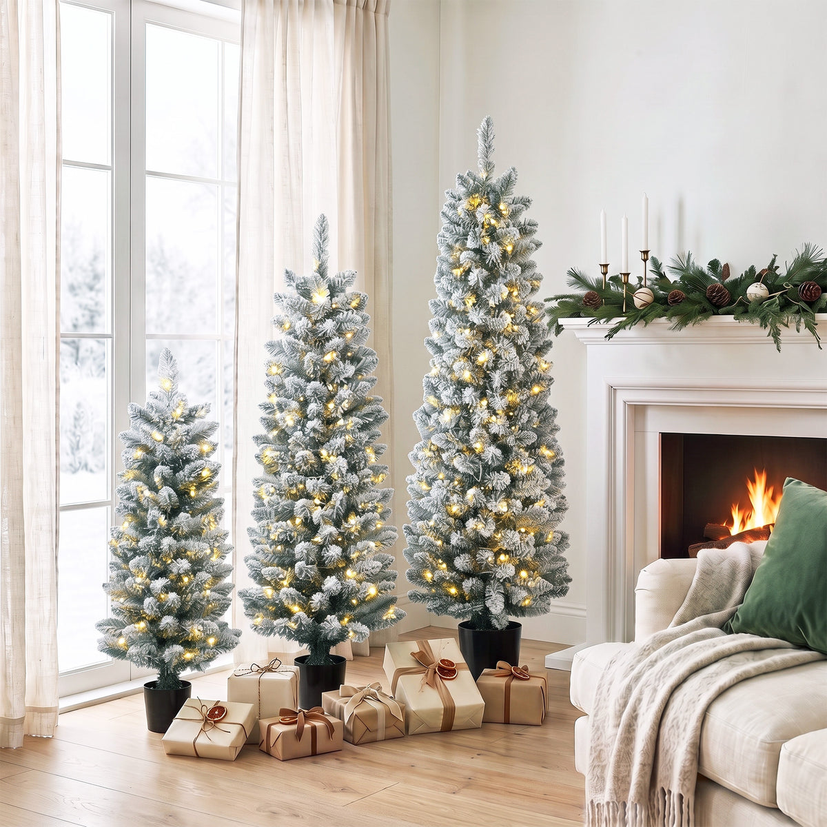 3er-Set schneebeflockte LED-Weihnachtsbäume