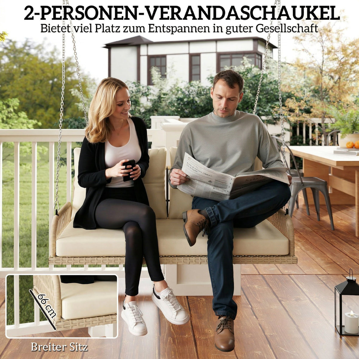 Rattan-Hängesitz für zwei Personen mit Kissen