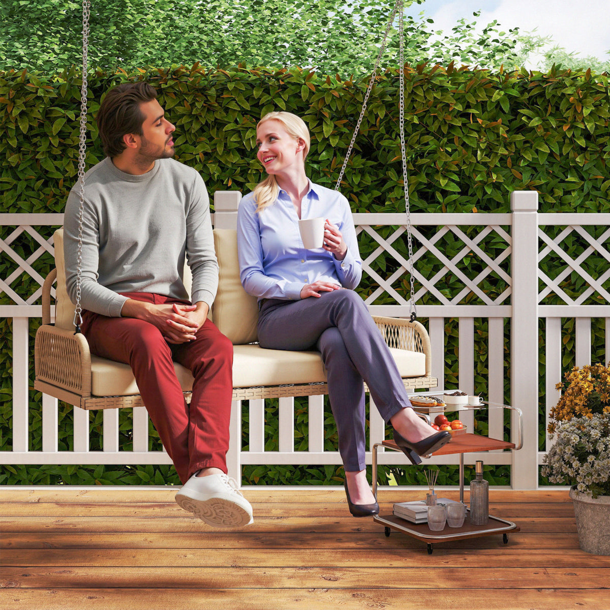 Rattan-Hängesitz für zwei Personen mit Kissen