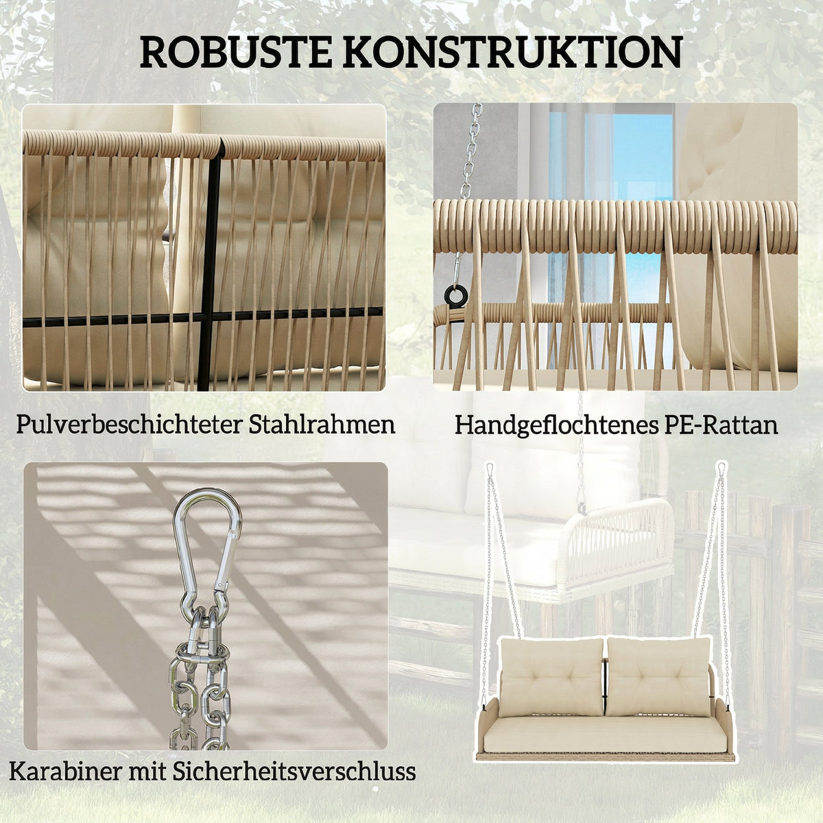 Rattan-Hängesitz für zwei Personen mit Kissen