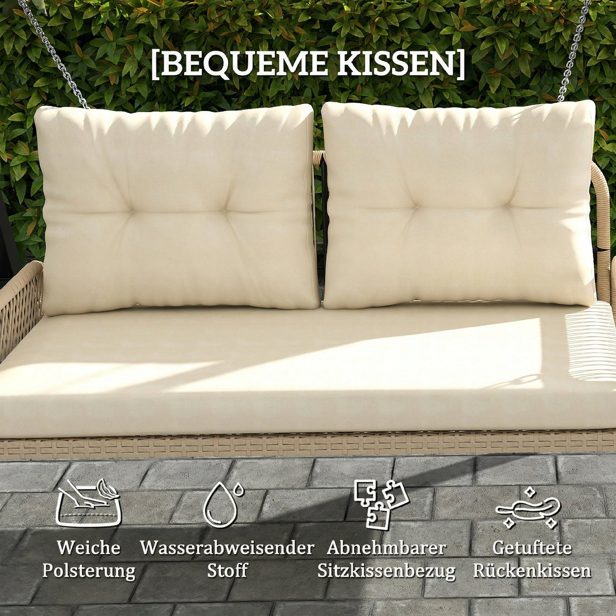 Rattan-Hängesitz für zwei Personen mit Kissen