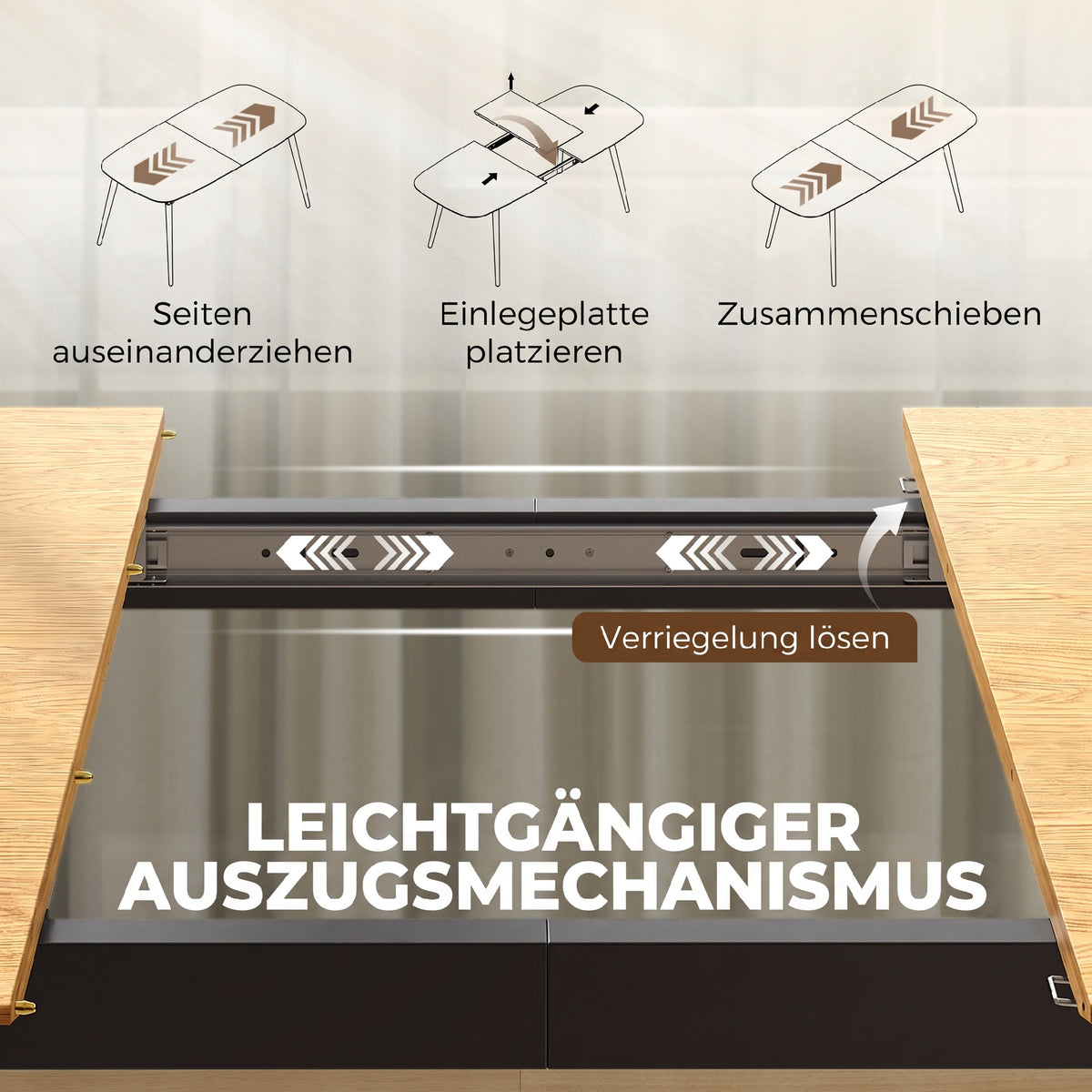 Ausziehbarer Esstisch 160–200 cm mit Ablage