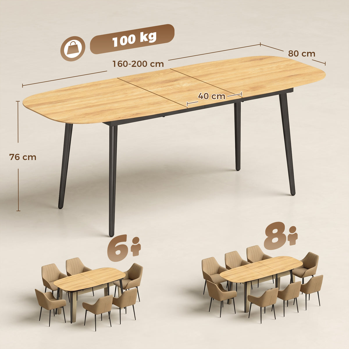 Ausziehbarer Esstisch 160–200 cm mit Ablage