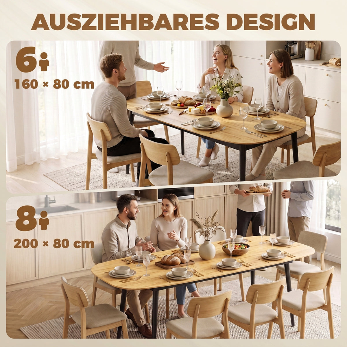 Ausziehbarer Esstisch 160–200 cm mit Ablage