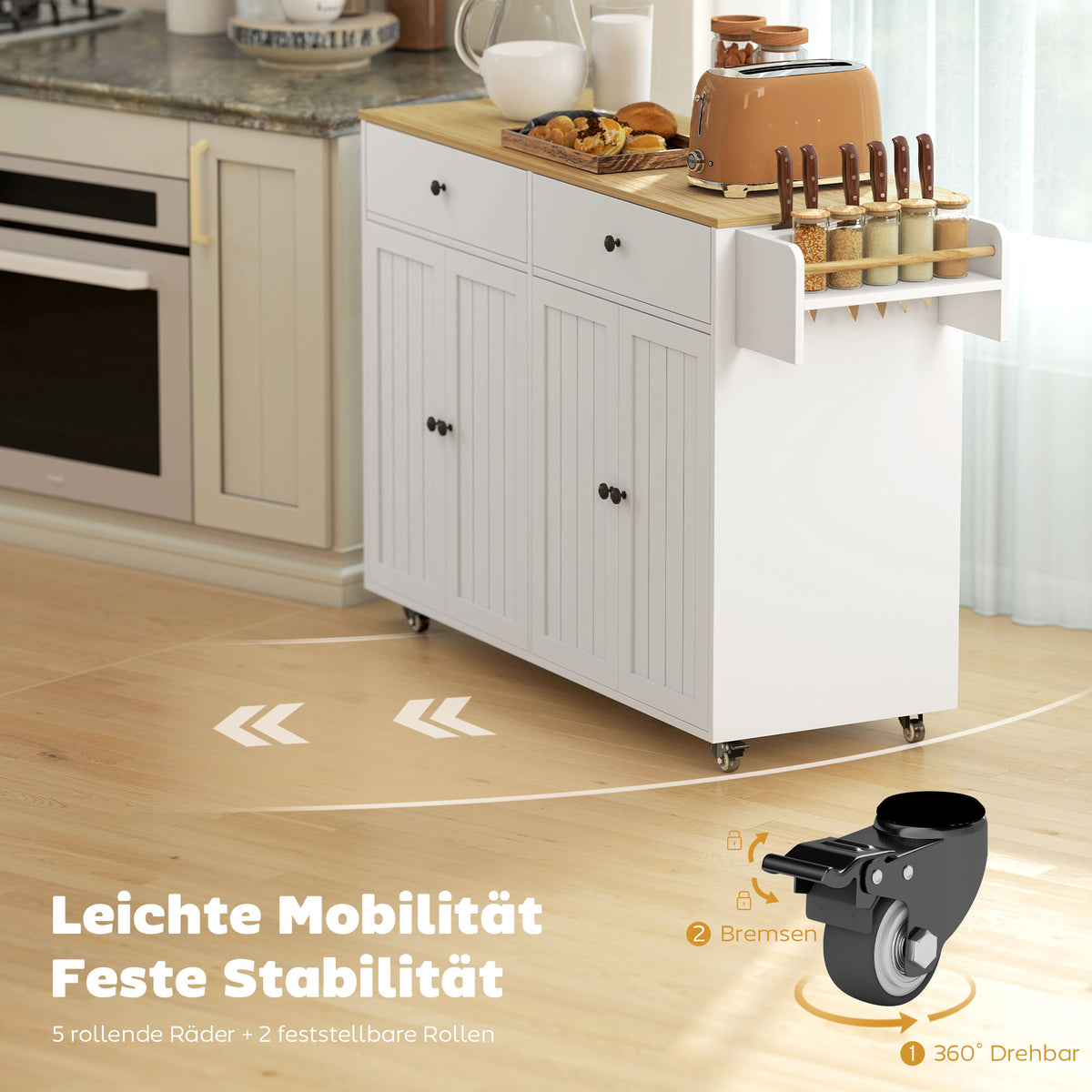 Rollbare Kücheninsel mit Schubladen und Gewürzregal