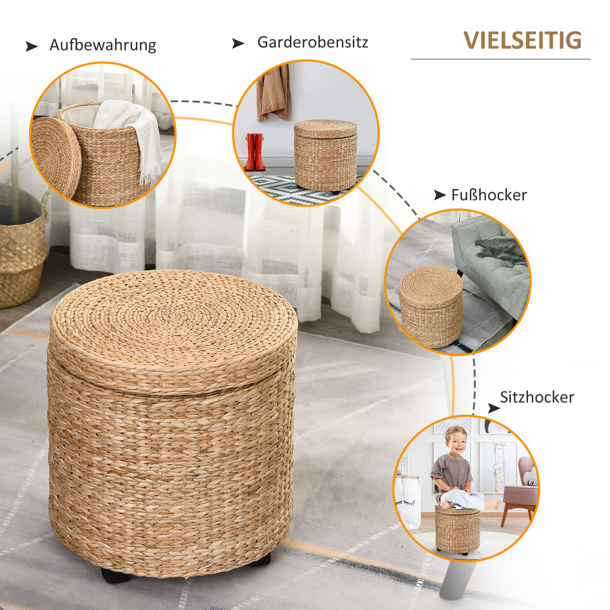 Runder Hocker mit Polster oder Stauraum