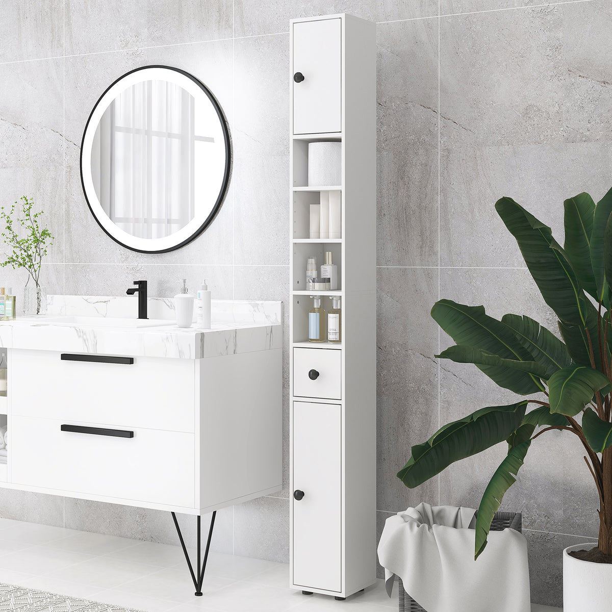 Schmaler Badezimmerschrank mit Schublade und 4 Regalen