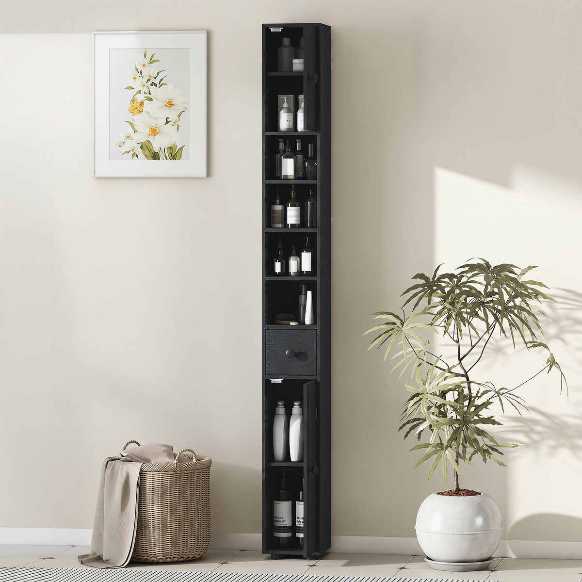Schmaler Badezimmerschrank mit Schublade und 4 Regalen