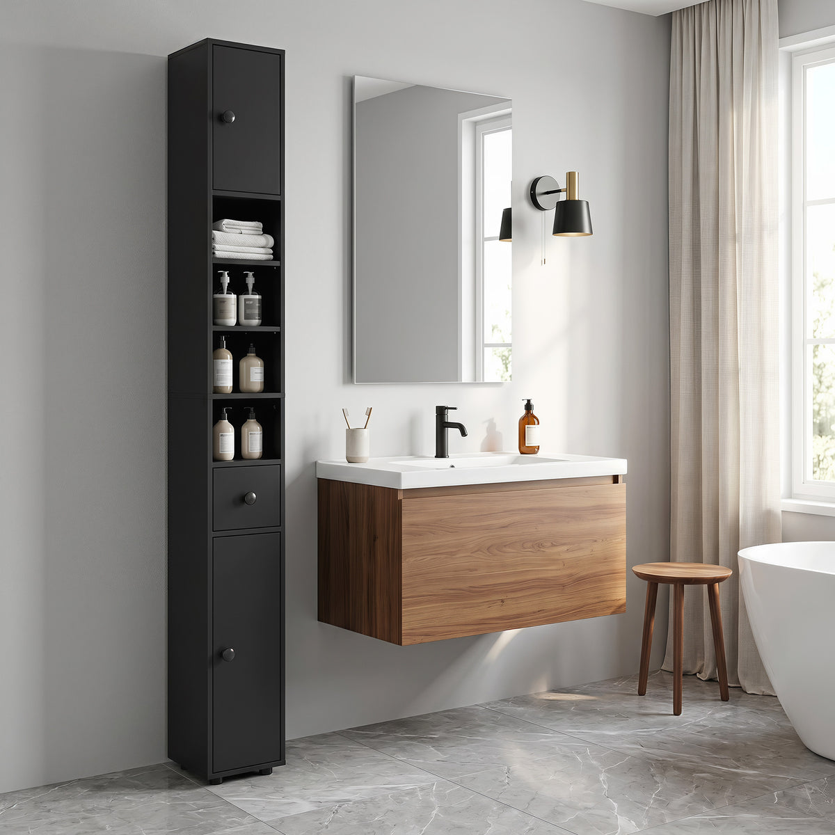 Schmaler Badezimmerschrank mit Schublade und 4 Regalen