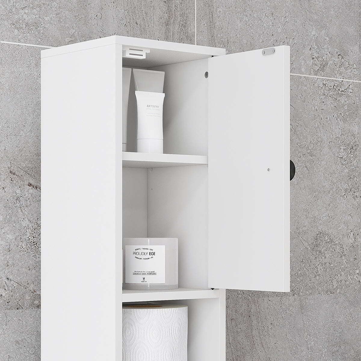 Schmaler Badezimmerschrank mit Schublade und 4 Regalen