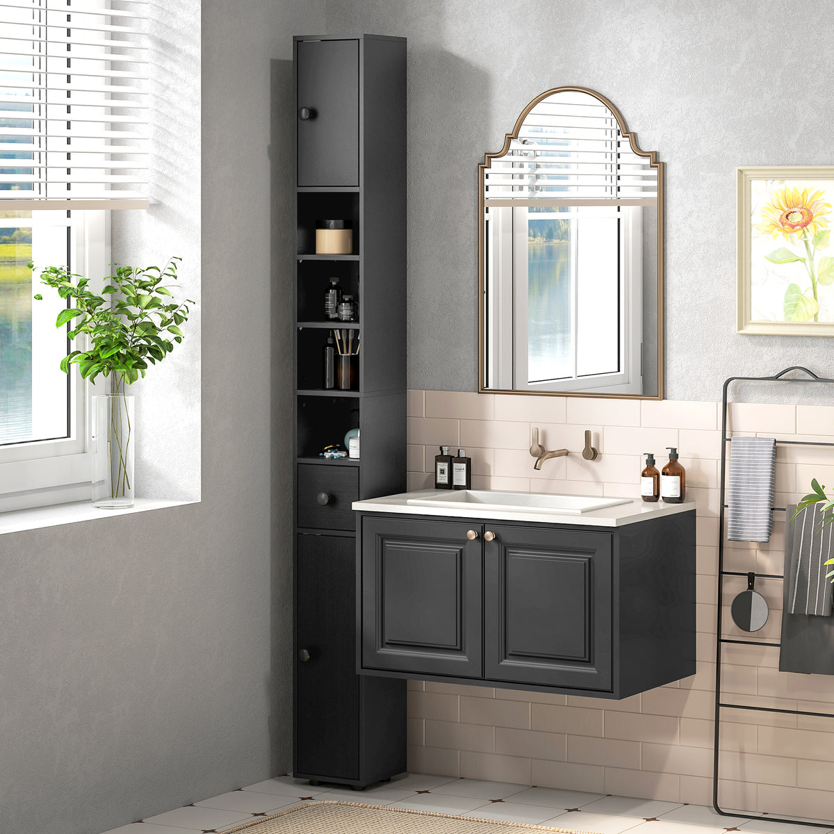 Schmaler Badezimmerschrank mit Schublade und 4 Regalen