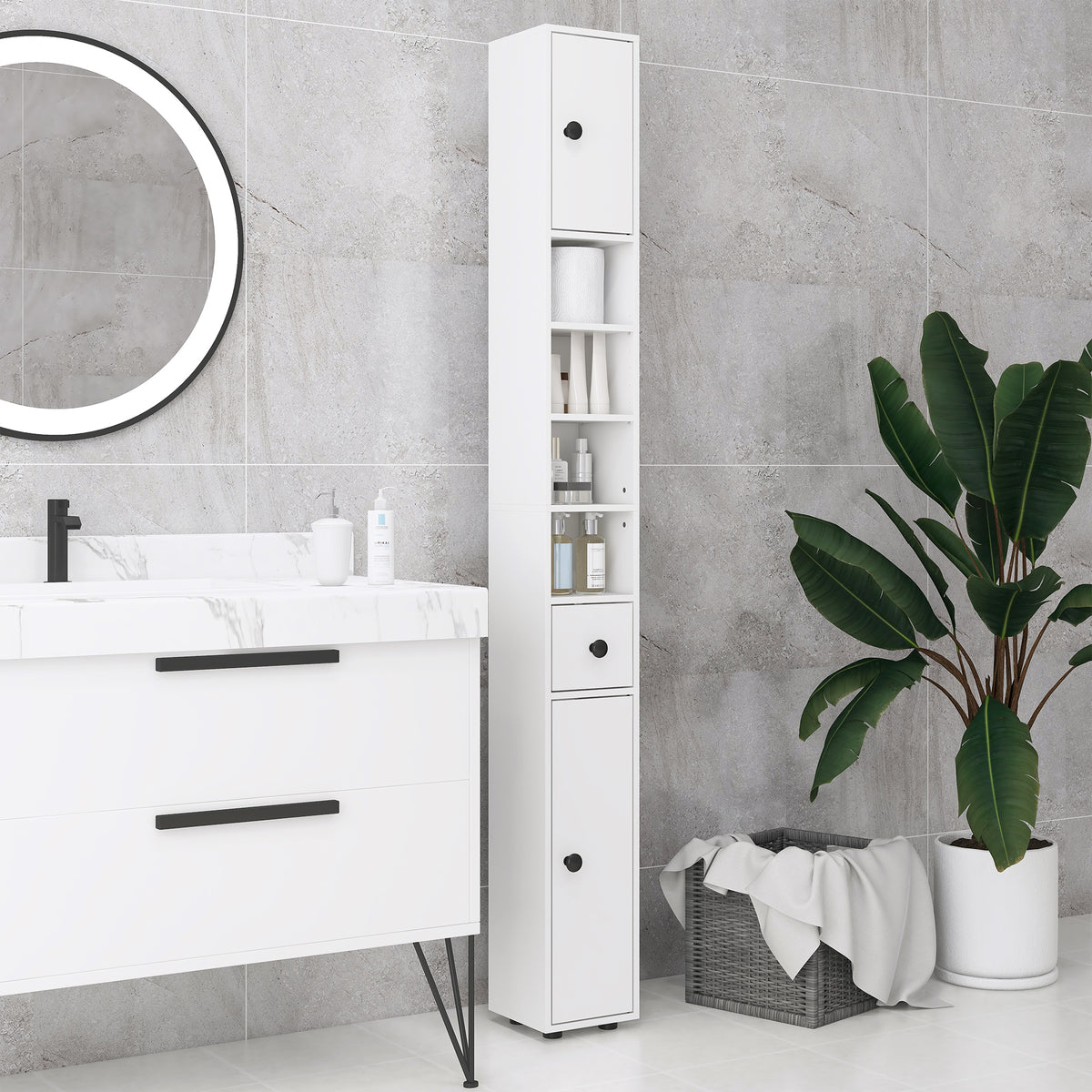 Schmaler Badezimmerschrank mit Schublade und 4 Regalen