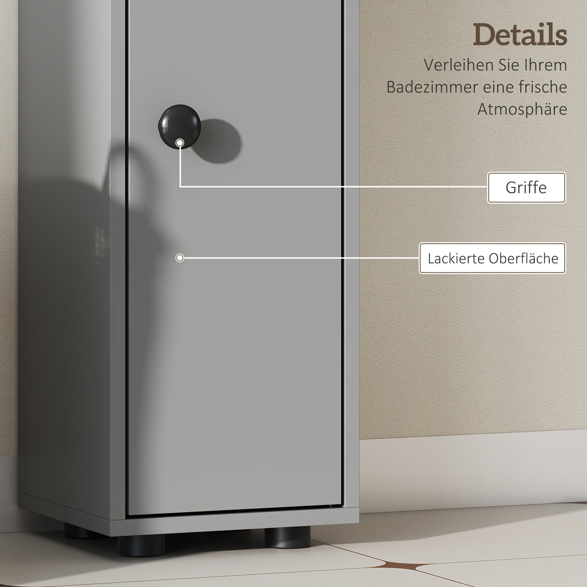 Schmaler Badezimmerschrank mit Schublade und 4 Regalen