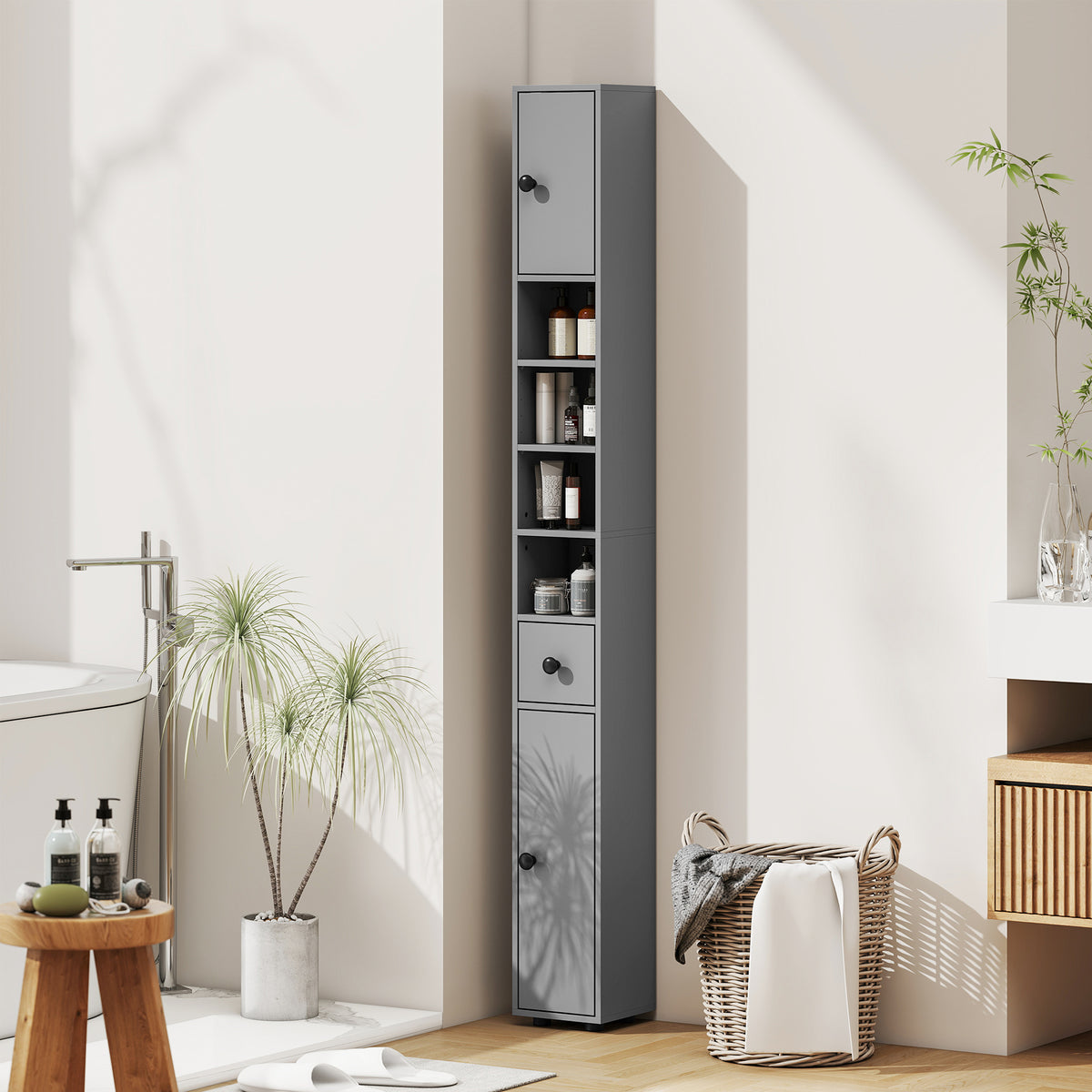 Schmaler Badezimmerschrank mit Schublade und 4 Regalen