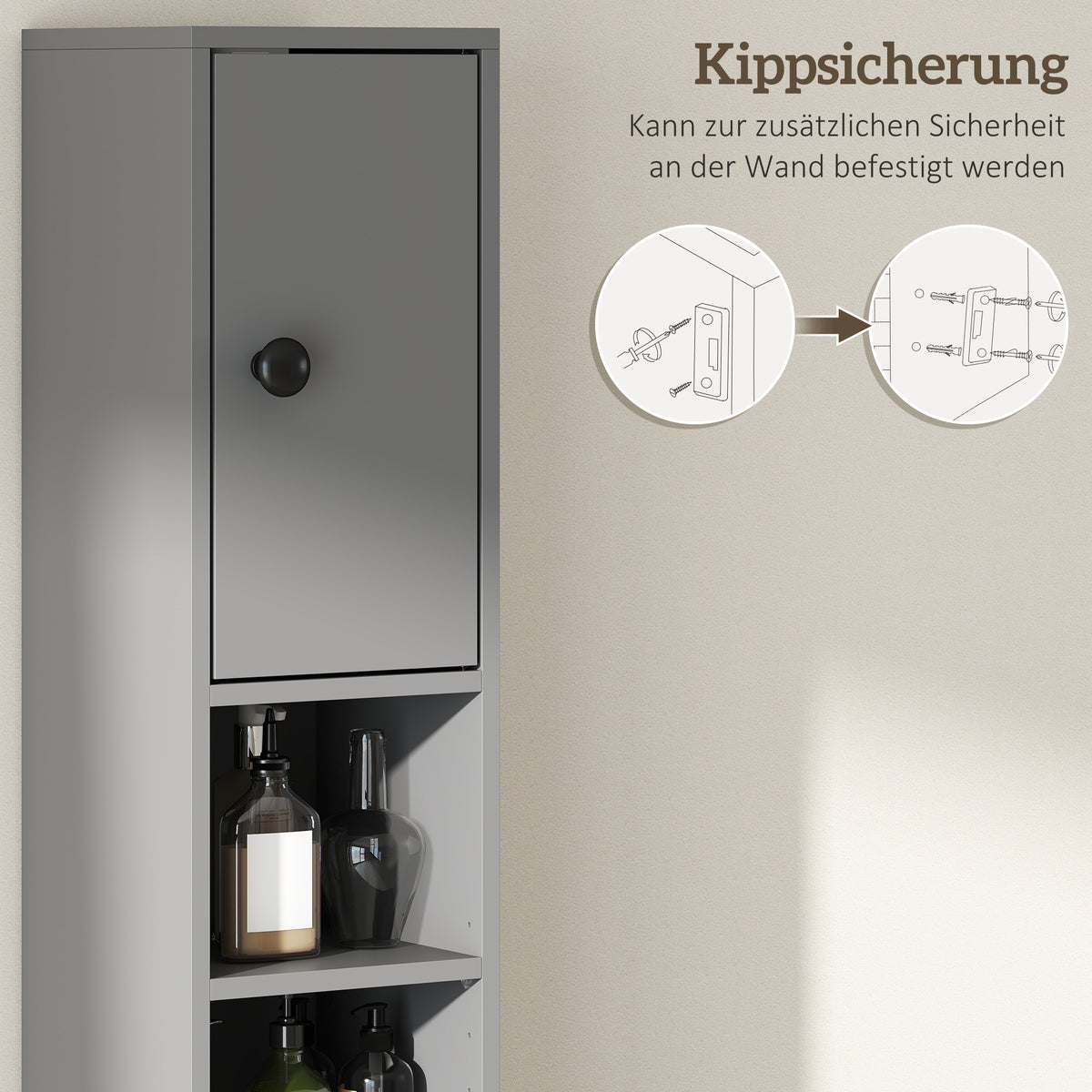 Schmaler Badezimmerschrank mit Schublade und 4 Regalen