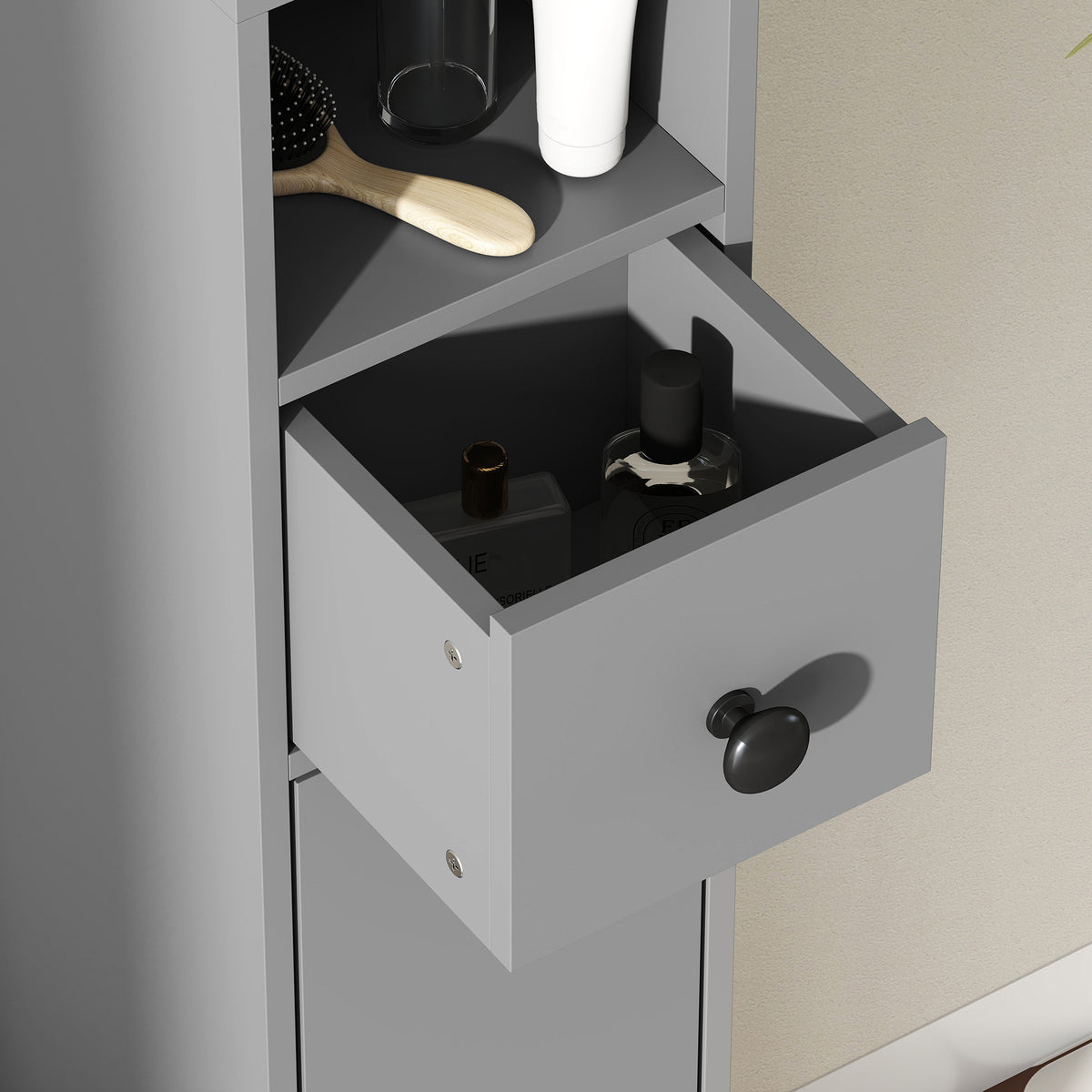 Schmaler Badezimmerschrank mit Schublade und 4 Regalen