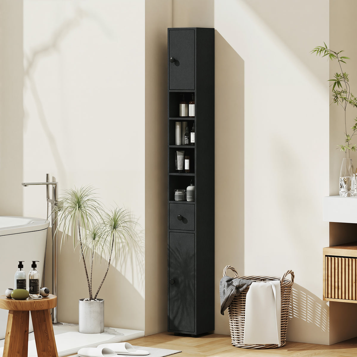 Schmaler Badezimmerschrank mit Schublade und 4 Regalen