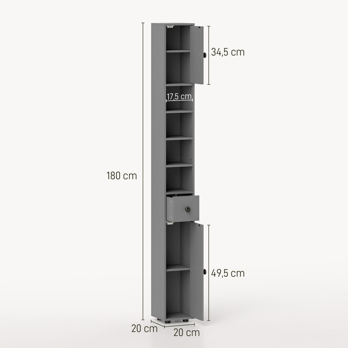 Schmaler Badezimmerschrank mit Schublade und 4 Regalen