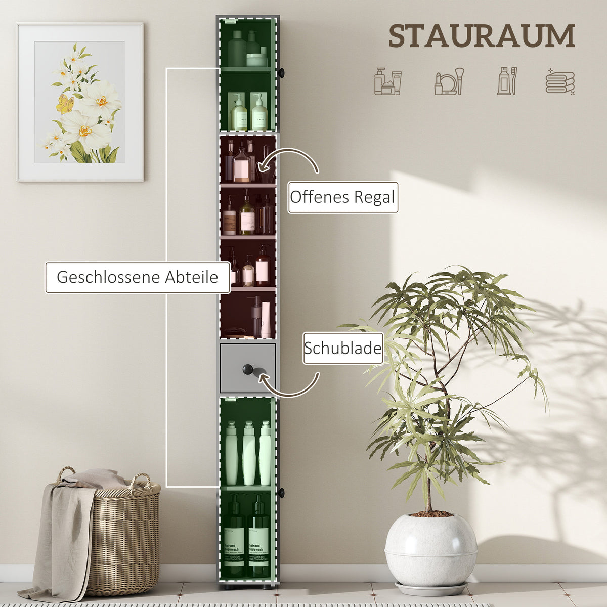 Schmaler Badezimmerschrank mit Schublade und 4 Regalen