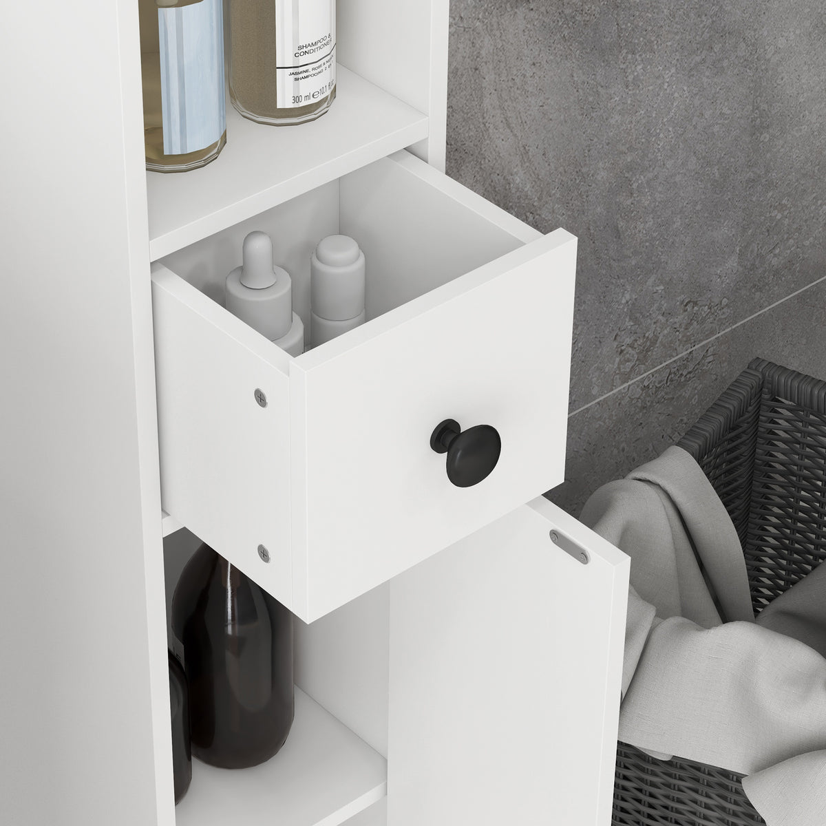 Schmaler Badezimmerschrank mit Schublade und 4 Regalen
