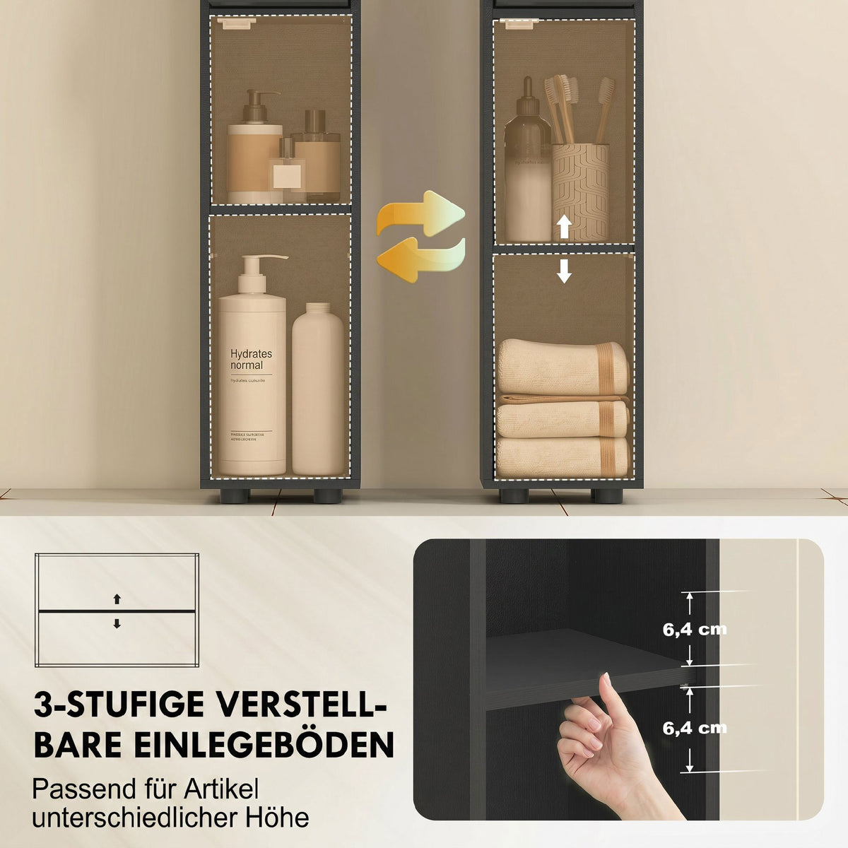 Schmaler Badezimmerschrank mit Schublade und 4 Regalen