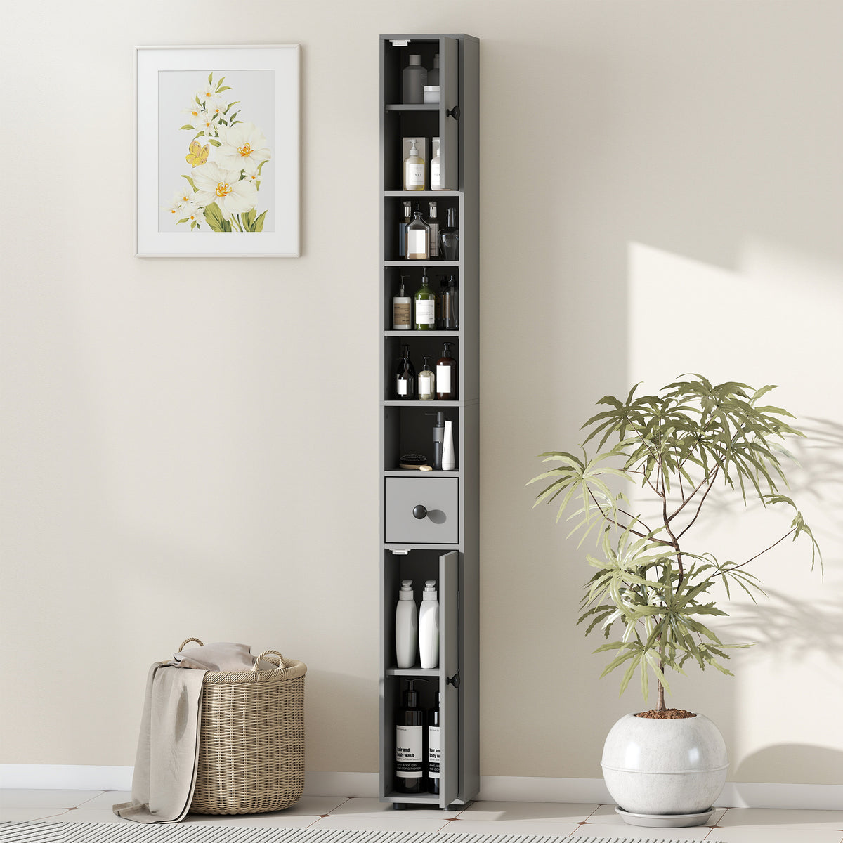 Schmaler Badezimmerschrank mit Schublade und 4 Regalen