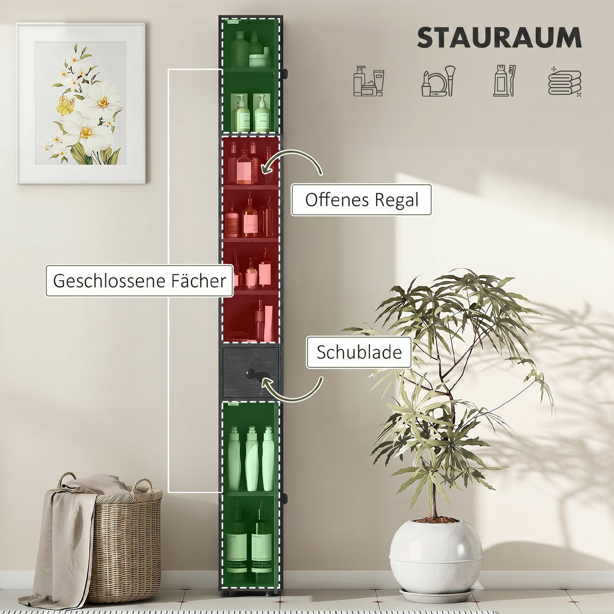 Schmaler Badezimmerschrank mit Schublade und 4 Regalen
