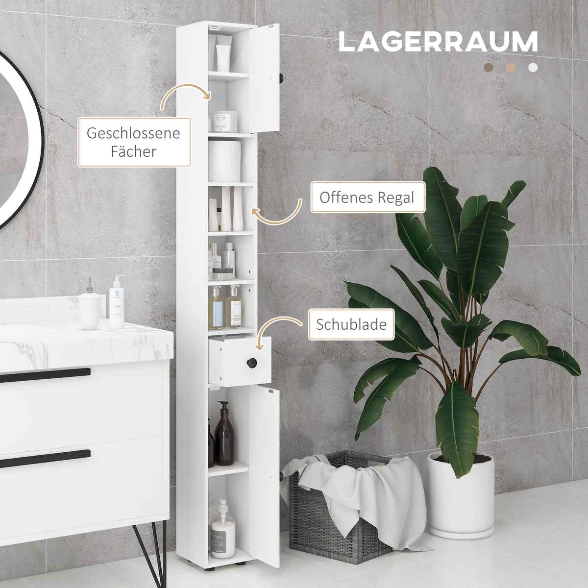 Schmaler Badezimmerschrank mit Schublade und 4 Regalen