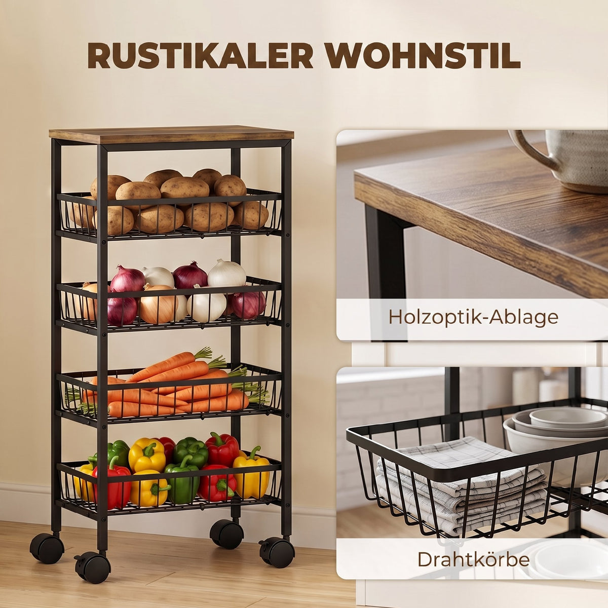 Servierwagen mit vier Körben und Rollen