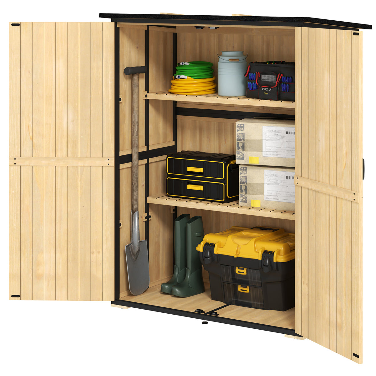 Gartenschrank aus Holz mit Stahlrahmen und Regalen