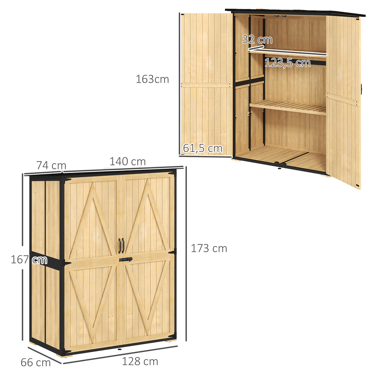 Gartenschrank aus Holz mit Stahlrahmen und Regalen
