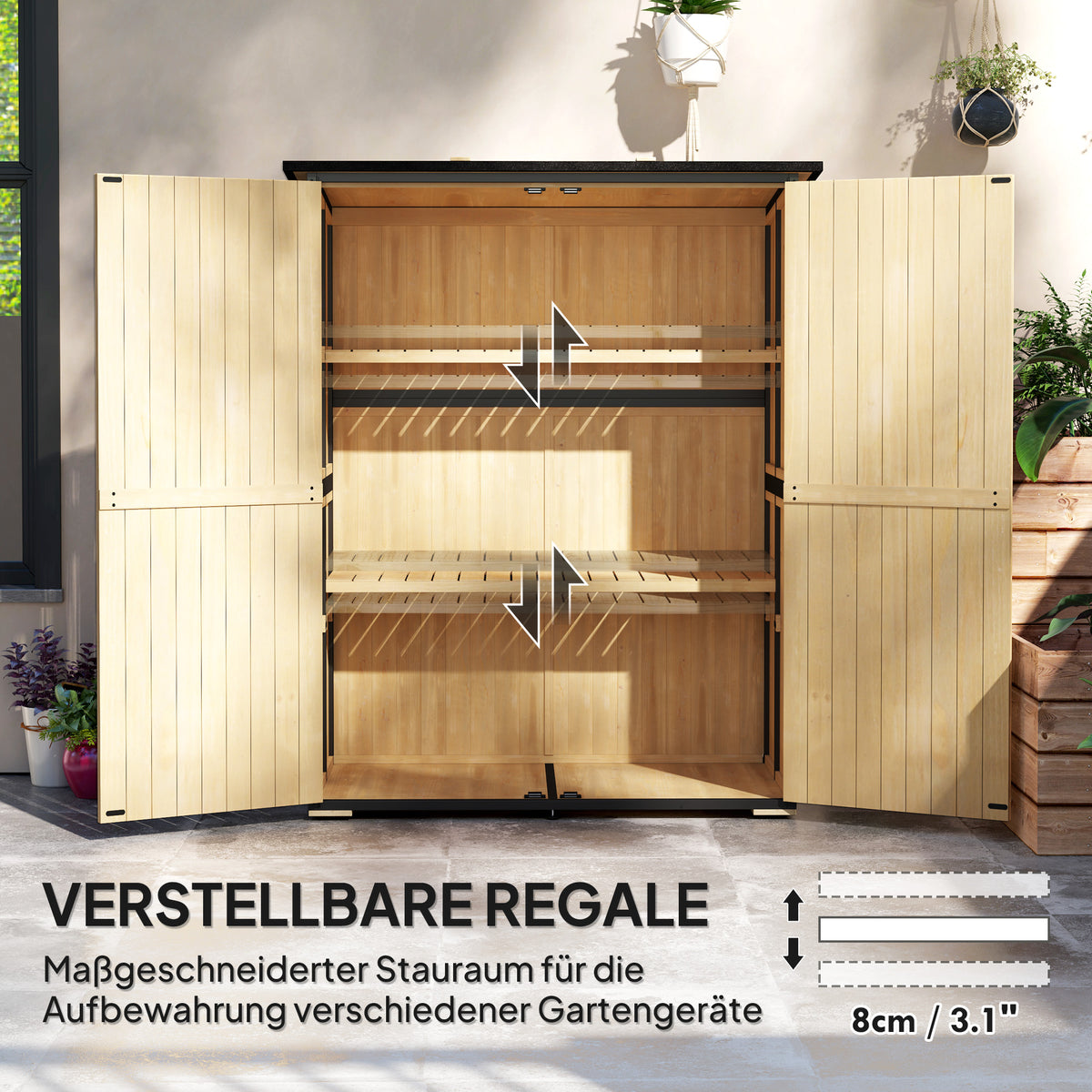 Gartenschrank aus Holz mit Stahlrahmen und Regalen